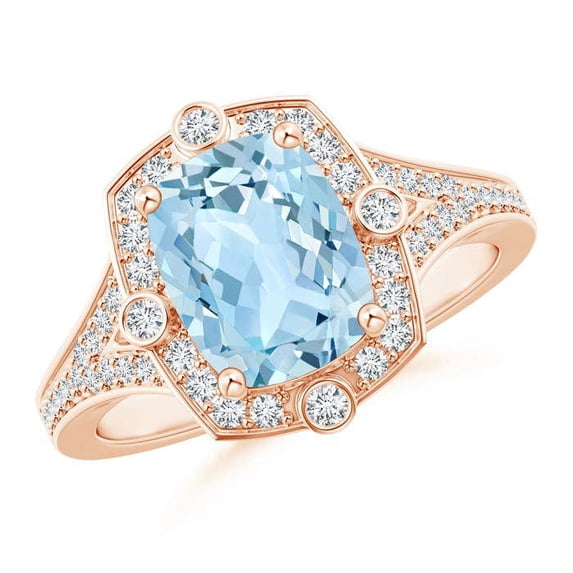 Angara Natural 1.85 Ct. Aquamarine with Diamond Halo Ring in 14K Rose Gold for Women (Ring Size: 3.5)