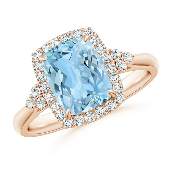 ANGARA Natural Cushion 1.85 ct Aquamarine Halo Ring with Trio Diamonds in 14K Rose Gold for Women (Size-9x7mm) | March Birthstone, Anniversary, Jewelry Gift for Women | Natural Aquamarine Ring