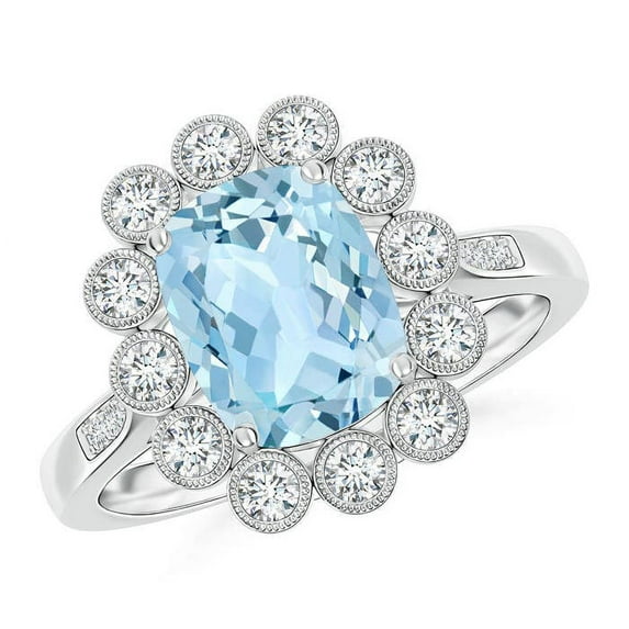 ANGARA Natural Cushion 1.85 ct Aquamarine Ring with Diamond Floral Halo in 14K White Gold for Women (Size-9x7mm) | March Birthstone, Anniversary, Jewelry Gift for Women | Natural Aquamarine Ring