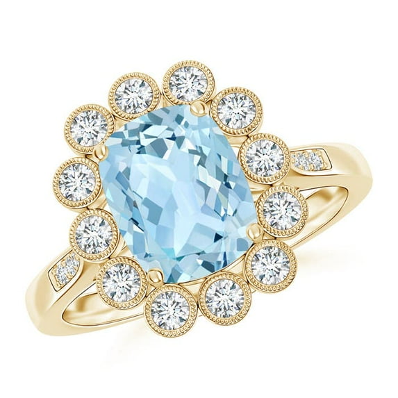 ANGARA Natural Cushion 1.85 ct Aquamarine Ring with Diamond Floral Halo in 14K Yellow Gold for Women (Size-9x7mm) | March Birthstone, Anniversary, Jewelry Gift for Women | Natural Aquamarine Ring