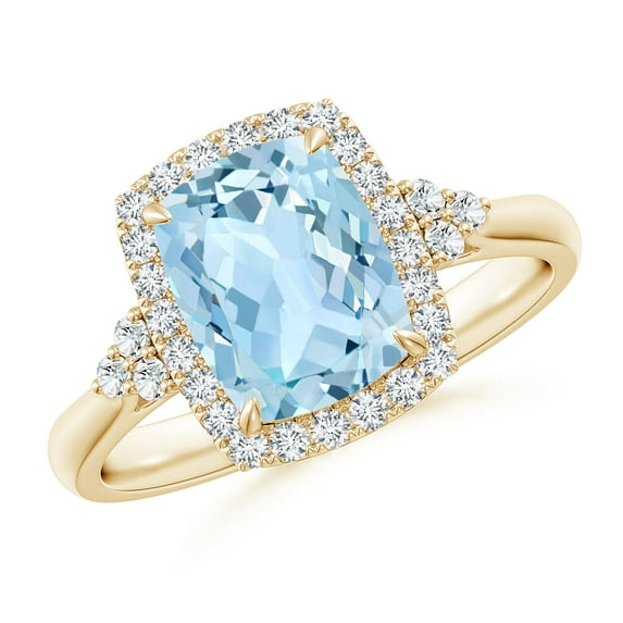 ANGARA Natural Cushion 1.85 ct Aquamarine Halo Ring with Trio Diamonds in 14K Yellow Gold for Women (Size-9x7mm) | March Birthstone, Anniversary, Jewelry Gift for Women | Natural Aquamarine Ring