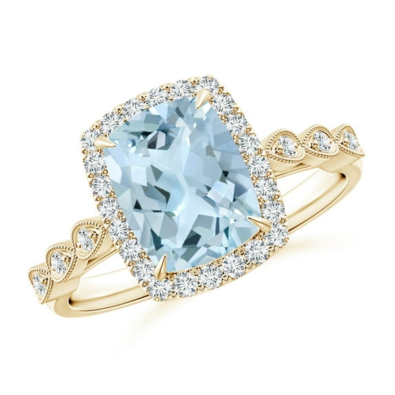 ANGARA Natural Cushion 1.85 ct Aquamarine Halo Ring with Marquise Motifs in 14K Yellow Gold for Women (Size-9x7mm) | March Birthstone, Anniversary, Jewelry Gift for Women | Natural Aquamarine Ring