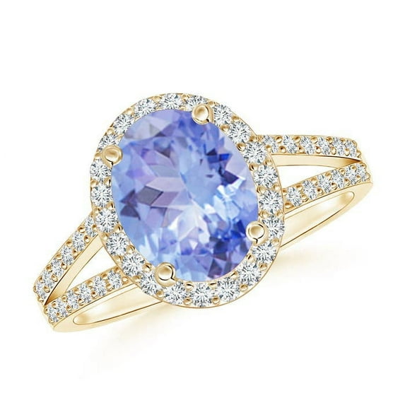 ANGARA Natural Oval 1.9 ct Tanzanite Split Shank Halo Ring in 14K Yellow Gold for Women (Size-9x7mm) | December Birthstone, Birthday, Anniversary, Jewelry Gift for Women | Natural Tanzanite Ring