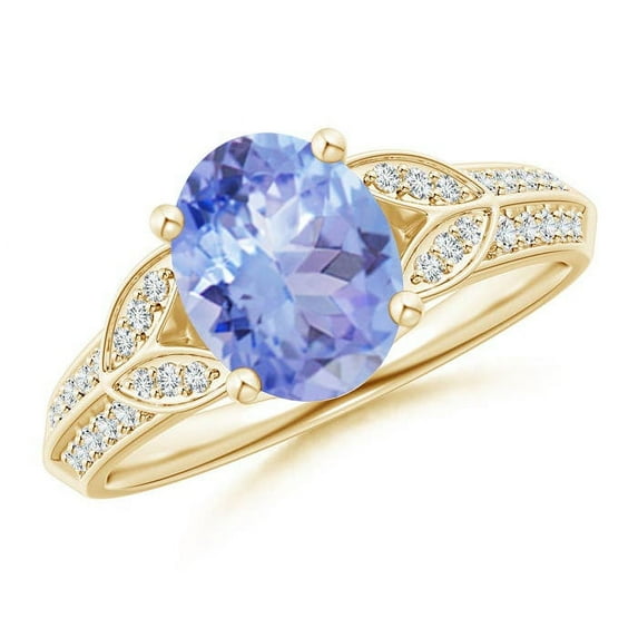 ANGARA Natural Oval 1.9 ct Tanzanite Solitaire Ring with Pave Diamonds in 14K Yellow Gold for Women (Size-9x7mm) | December Birthstone, Anniversary, Jewelry Gift for Women | Natural Tanzanite Ring