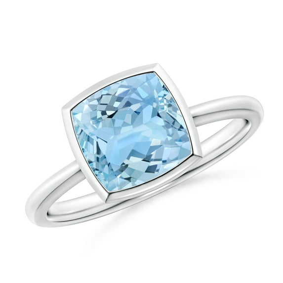 ANGARA Natural Bezel-Set Solitaire Cushion 1.95 ct Aquamarine Ring in 14K White Gold for Women (Size-8mm) | March Birthstone, Birthday, Anniversary, Jewelry Gift for Women | Natural Aquamarine Ring