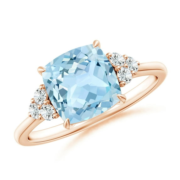 ANGARA Natural Cushion 1.95 ct Aquamarine Engagement Ring with Trio Diamonds in 14K Rose Gold for Women (Size-8mm) | March Birthstone, Anniversary, Jewelry Gift for Women | Natural Aquamarine Ring