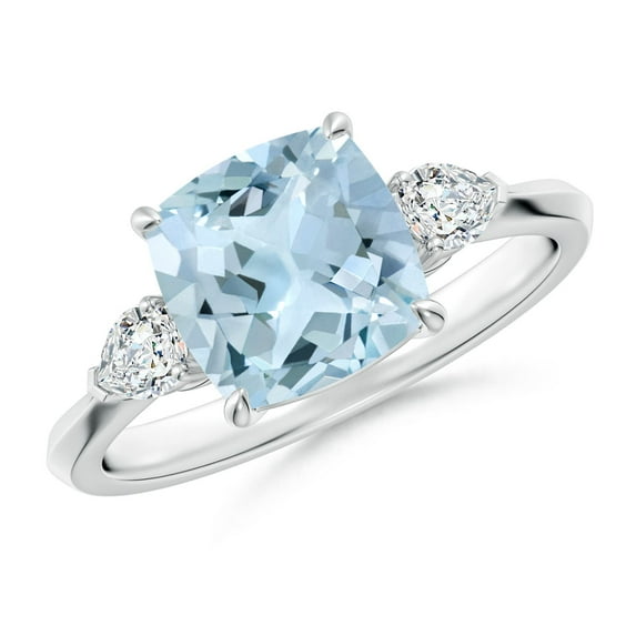 ANGARA Natural Cushion 1.95 ct Aquamarine & Diamond 3 Stone Engagement Ring in 14K White Gold for Women (Size-8mm) | March Birthstone, Anniversary, Jewelry Gift for Women | Natural Aquamarine Ring