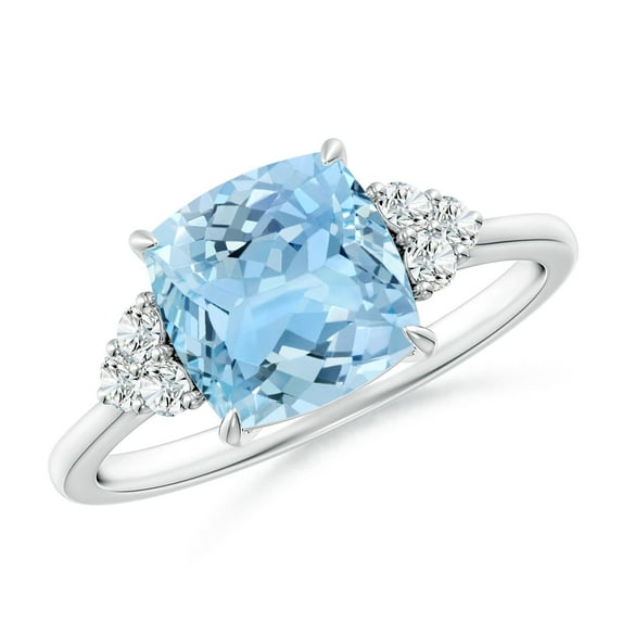 ANGARA Natural Cushion 1.95 ct Aquamarine Engagement Ring with Trio Diamonds in 14K White Gold for Women (Size-8mm) | March Birthstone, Anniversary, Jewelry Gift for Women | Natural Aquamarine Ring