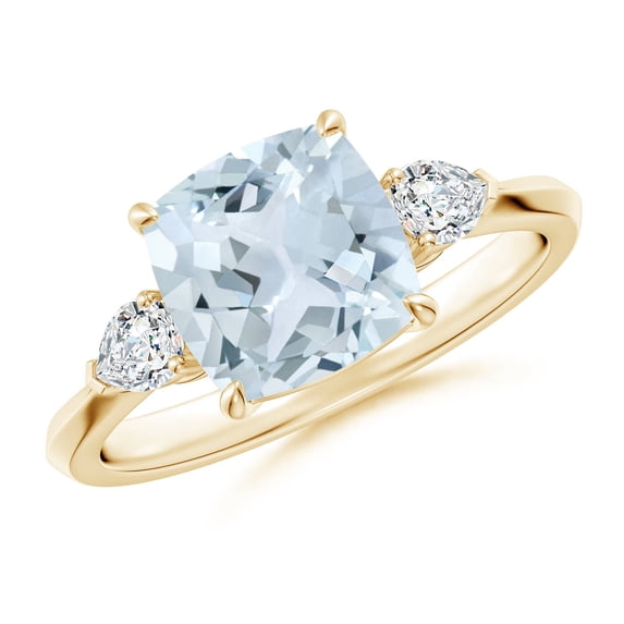ANGARA Natural Cushion 1.95 ct Aquamarine & Diamond 3 Stone Engagement Ring in 14K Yellow Gold for Women (Size-8mm) | March Birthstone, Anniversary, Jewelry Gift for Women | Natural Aquamarine Ring