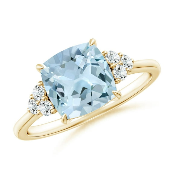 ANGARA Natural Cushion 1.95 ct Aquamarine Engagement Ring with Trio Diamonds in 14K Yellow Gold for Women (Size-8mm) | March Birthstone, Anniversary, Jewelry Gift for Women | Natural Aquamarine Ring