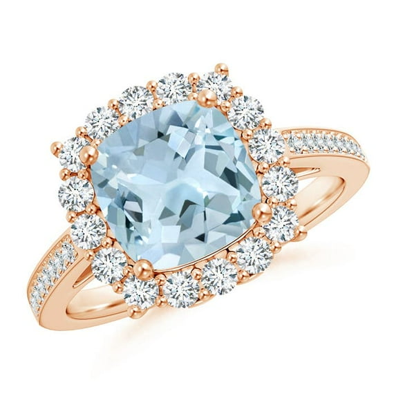 Angara Natural 1.95 Ct. Aquamarine with Diamond Halo Ring in 14K Rose Gold for Women (Ring Size: 11.5)