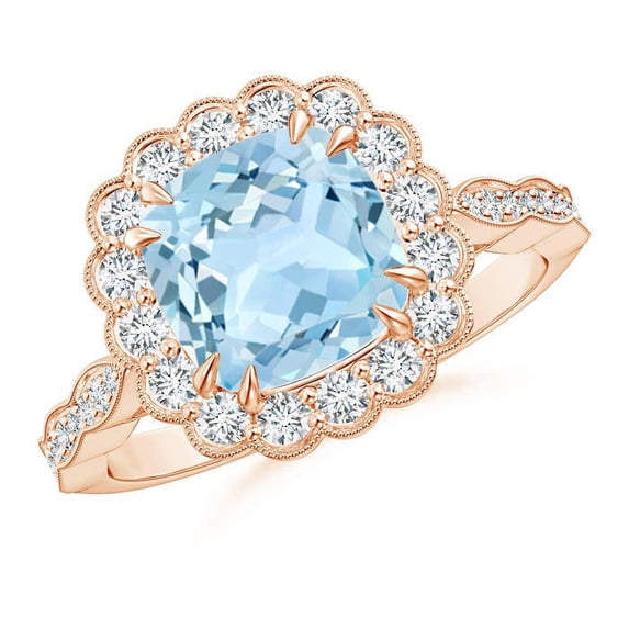 Angara Natural 1.95 Ct. Aquamarine with Diamond Halo Ring in 14K Rose Gold for Women (Ring Size: 11.5)