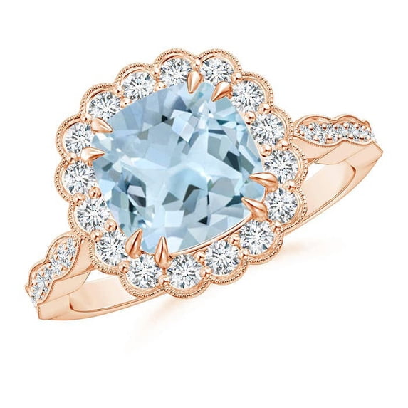 Angara Natural 1.95 Ct. Aquamarine with Diamond Halo Ring in 14K Rose Gold for Women (Ring Size: 3.5)