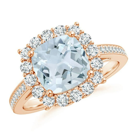 ANGARA Natural Cushion 1.95 ct Aquamarine Engagement Ring with Diamond Halo in 14K Rose Gold for Women (Size-8mm) | March Birthstone, Anniversary, Jewelry Gift for Women | Natural Aquamarine Ring