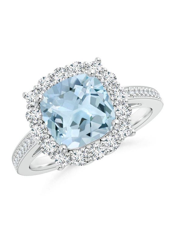 Natural 1.95 Ct. Aquamarine with Diamond Halo Ring in 14K White Gold for Women (Ring Size: 4)