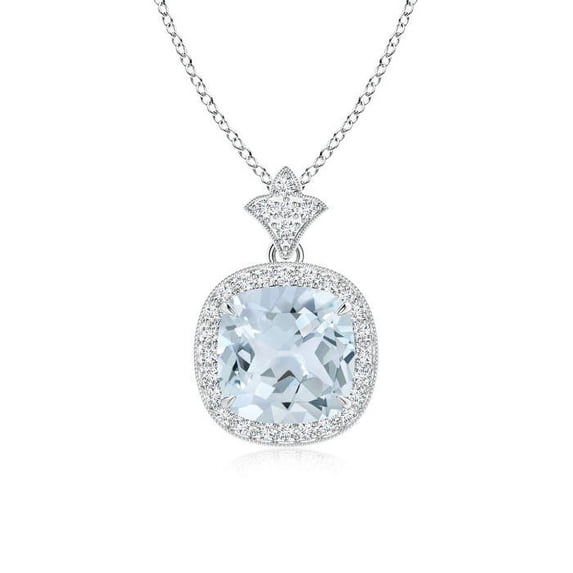 ANGARA Natural Vintage Inspired Cushion 1.95 ct Aquamarine Halo Pendant in 14K White Gold for Women (Size-8mm) | March Birthstone, Anniversary, Jewelry Gift for Women | Natural Aquamarine Necklace
