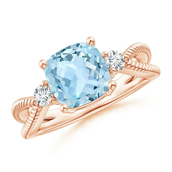ANGARA Natural Cushion 1.95 ct Aquamarine Split Shank Ring with Rope Detailing in 14K Rose Gold for Women (Size-8mm) | March Birthstone, Anniversary, Jewelry Gift for Women | Natural Aquamarine Ring
