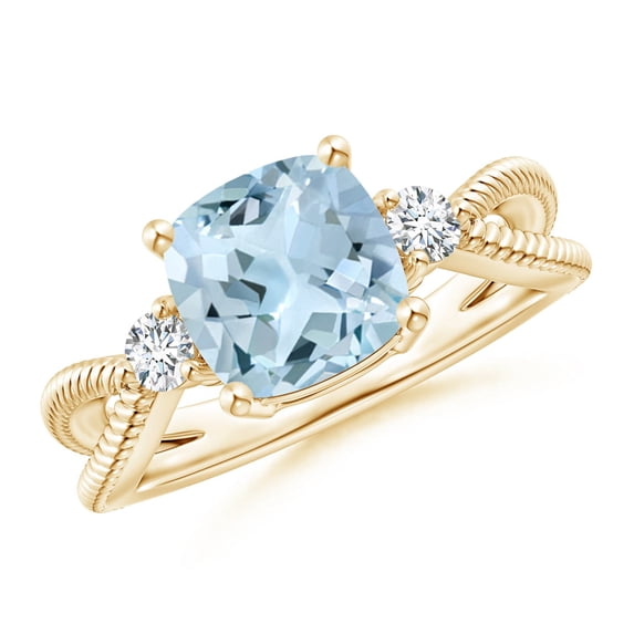 ANGARA Natural Cushion 1.95 ct Aquamarine Split Shank Ring with Rope Detailing in 14K Yellow Gold for Women (Size-8mm) | March Birthstone, Anniversary Jewelry Gift for Women | Natural Aquamarine Ring