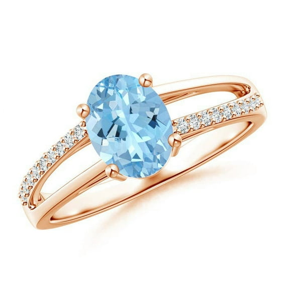 ANGARA Natural Oval 1 ct Aquamarine Split Shank Ring with Diamond Accents in 14K Rose Gold for Women (Size-8x6mm) | March Birthstone, Anniversary, Jewelry Gift for Women | Natural Aquamarine Ring