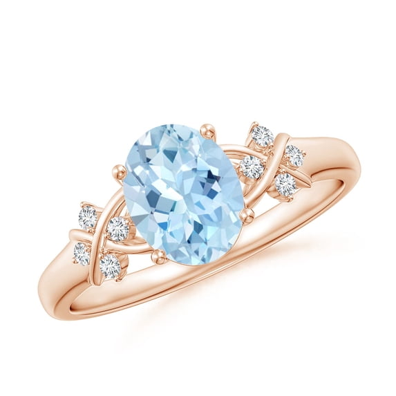 ANGARA Natural Solitaire Oval 1 ct Aquamarine Criss Cross Ring with Diamonds in 14K Rose Gold for Women (Size-8x6mm) | March Birthstone, Anniversary, Jewelry Gift for Women | Natural Aquamarine Ring