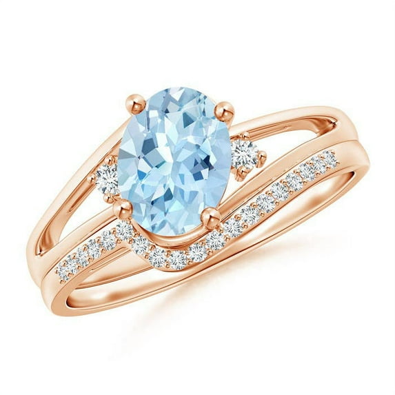 ANGARA Natural Oval 1 ct Aquamarine and Diamond Bridal Set in 14K Rose Gold for Women (Size-8x6mm) | March Birthstone, Birthday, Anniversary, Jewelry Gift for Women | Natural Aquamarine Ring