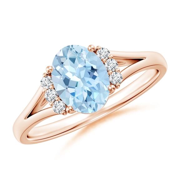 ANGARA Natural 1 ct Aquamarine with Diamond Collar Solitaire Engagement Ring in 14K Rose Gold for Women (Size-8x6mm) | March Birthstone, Anniversary, Jewelry Gift for Women | Natural Aquamarine Ring