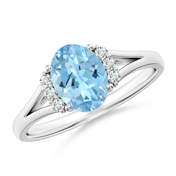 ANGARA Natural 1 ct Aquamarine with Diamond Collar Solitaire Engagement Ring in 14K White Gold for Women (Size-8x6mm) | March Birthstone, Anniversary, Jewelry Gift for Women | Natural Aquamarine Ring