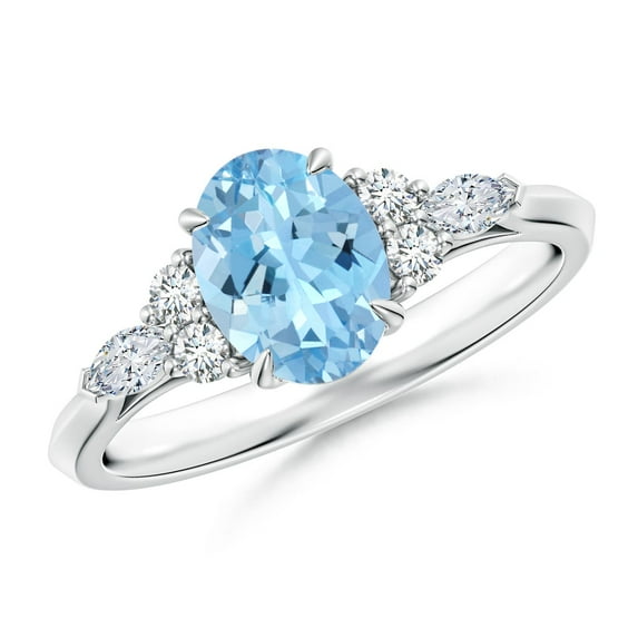 ANGARA Natural Oval 1 ct Aquamarine Side Stone Engagement Ring with Diamonds in 14K White Gold for Women (Size-8x6mm) | March Birthstone, Anniversary, Jewelry Gift for Women | Natural Aquamarine Ring