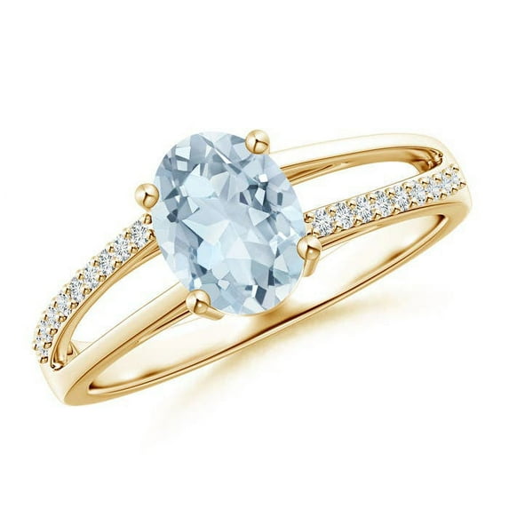 ANGARA Natural Oval 1 ct Aquamarine Split Shank Ring with Diamond Accents in 14K Yellow Gold for Women (Size-8x6mm) | March Birthstone, Anniversary, Jewelry Gift for Women | Natural Aquamarine Ring