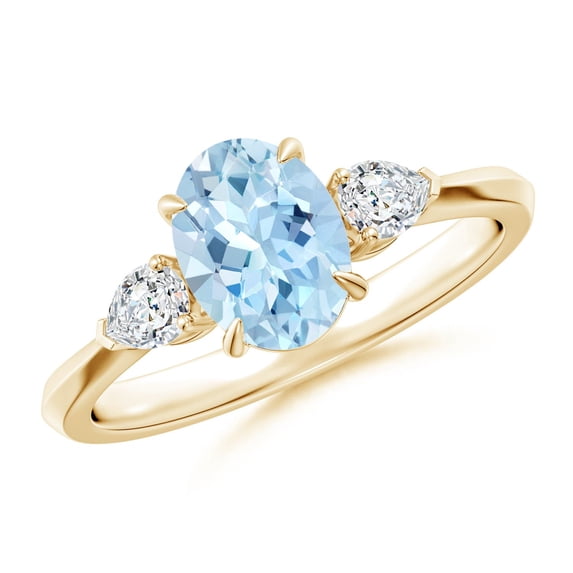 ANGARA Natural Oval 1 ct Aquamarine and Diamond Three Stone Engagement Ring in 14K Yellow Gold for Women (Size-8x6mm) | March Birthstone, Anniversary, Jewelry Gift for Women | Natural Aquamarine Ring