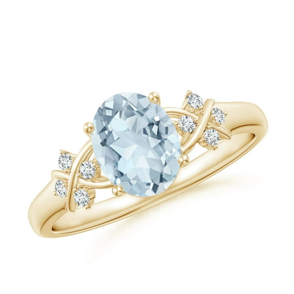 ANGARA Natural Solitaire 1 ct Aquamarine Criss Cross Ring with Diamonds in 14K Yellow Gold for Women (Size-8x6mm) | March Birthstone, Anniversary, Jewelry Gift for Women | Natural Aquamarine Ring
