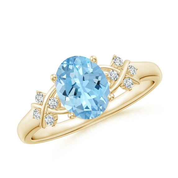 ANGARA Natural Solitaire 1 ct Aquamarine Criss Cross Ring with Diamonds in 14K Yellow Gold for Women (Size-8x6mm) | March Birthstone, Anniversary, Jewelry Gift for Women | Natural Aquamarine Ring