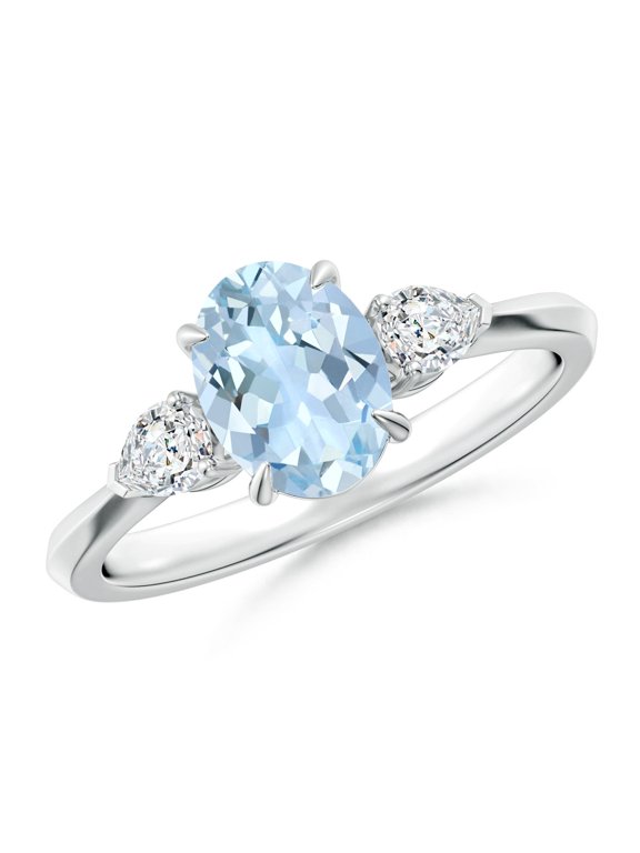 Natural 1 ct Aquamarine and Diamond Three Stone Engagement Ring in 925 Sterling Silver for Women (Size-8x6mm) | March Birthstone, Anniversary, Jewelry Gift for Women | Natural Aquamarine Ring