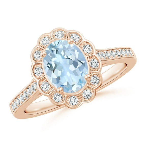 ANGARA Natural Vintage Style 1 ct Aquamarine & Diamond Scalloped Halo Ring in 14K Rose Gold for Women (Size-8x6mm) | March Birthstone, Anniversary, Jewelry Gift for Women | Natural Aquamarine Ring
