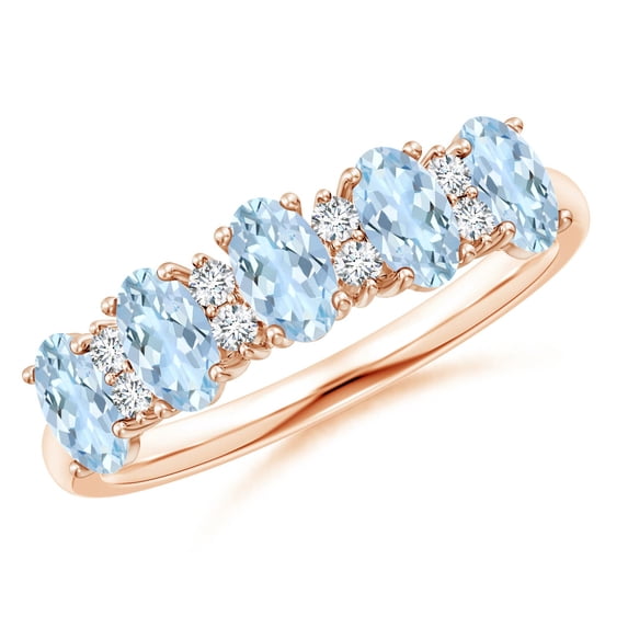 ANGARA Natural Five Stone 1 ct Aquamarine and Diamond Wedding Ring in 14K Rose Gold for Women (Size-5x3mm) | March Birthstone, Birthday, Anniversary, Jewelry Gift for Women | Natural Aquamarine Ring