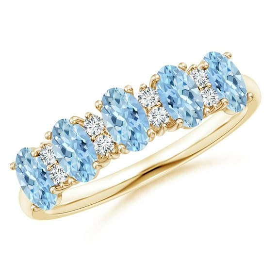 ANGARA Natural Five Stone 1 ct Aquamarine and Diamond Wedding Ring in 14K Yellow Gold for Women (Size-5x3mm) | March Birthstone, Anniversary, Jewelry Gift for Women | Natural Aquamarine Ring