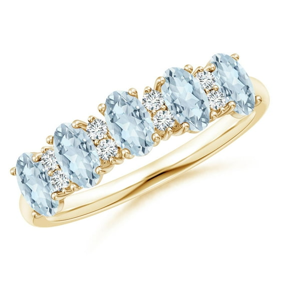 ANGARA Natural Five Stone 1 ct Aquamarine and Diamond Wedding Ring in 14K Yellow Gold for Women (Size-5x3mm) | March Birthstone, Anniversary, Jewelry Gift for Women | Natural Aquamarine Ring