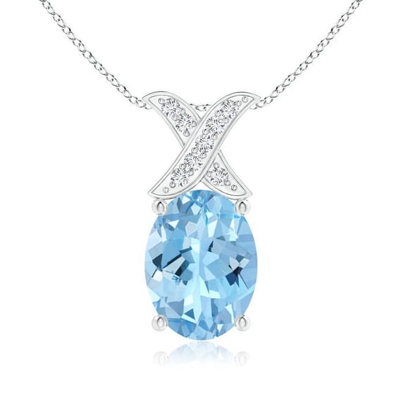 ANGARA Natural Oval 1 ct Aquamarine XO Pendant with Diamonds in 14K White Gold for Women (Size-8x6mm) | March Birthstone, Birthday, Anniversary, Jewelry Gift for Women | Natural Aquamarine Necklace