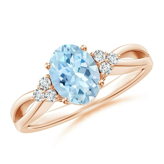 ANGARA Natural Solitaire 1 ct Aquamarine Split Shank Ring with Trio Diamonds in 14K Rose Gold for Women (Size-8x6mm) | March Birthstone, Anniversary, Jewelry Gift for Women | Natural Aquamarine Ring
