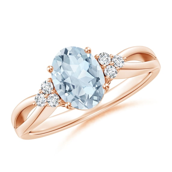 ANGARA Natural Solitaire 1 ct Aquamarine Split Shank Ring with Trio Diamonds in 14K Rose Gold for Women (Size-8x6mm) | March Birthstone, Anniversary, Jewelry Gift for Women | Natural Aquamarine Ring