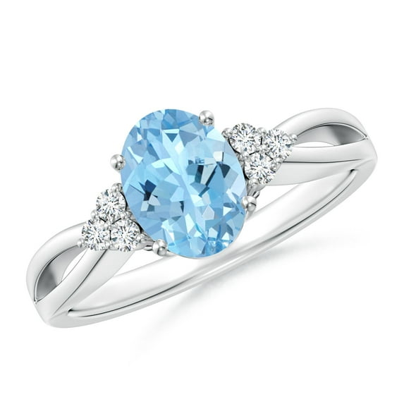 ANGARA Natural Solitaire 1 ct Aquamarine Split Shank Ring with Trio Diamonds in 14K White Gold for Women (Size-8x6mm) | March Birthstone, Anniversary, Jewelry Gift for Women | Natural Aquamarine Ring