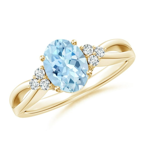 ANGARA Natural 1 ct Aquamarine Split Shank Ring with Trio Diamonds in 14K Yellow Gold for Women (Size-8x6mm) | March Birthstone, Anniversary, Jewelry Gift for Women | Natural Aquamarine Ring