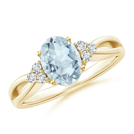 ANGARA Natural 1 ct Aquamarine Split Shank Ring with Trio Diamonds in 14K Yellow Gold for Women (Size-8x6mm) | March Birthstone, Anniversary, Jewelry Gift for Women | Natural Aquamarine Ring