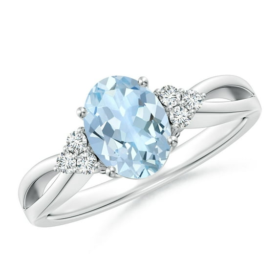 ANGARA Natural 1 ct Aquamarine Split Shank Ring with Trio Diamonds in 925 Sterling Silver for Women (Size-8x6mm) | March Birthstone, Anniversary, Jewelry Gift for Women | Natural Aquamarine Ring