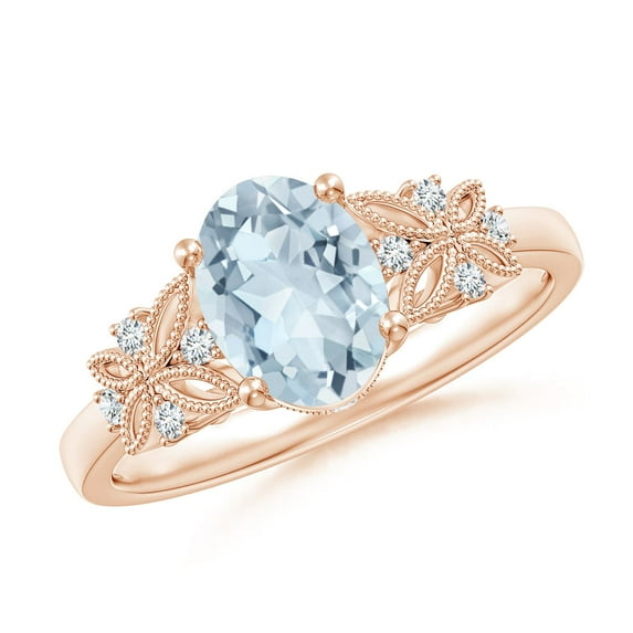 ANGARA Natural Vintage Style Oval 1 ct Aquamarine Ring with Diamonds in 14K Rose Gold for Women (Size-8x6mm) | March Birthstone, Anniversary, Jewelry Gift for Women | Natural Aquamarine Ring