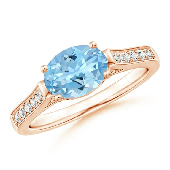 ANGARA Natural Oval 1 ct Aquamarine Solitaire Ring with Diamonds in 14K Rose Gold for Women (Size-8x6mm) | March Birthstone, Birthday, Anniversary, Jewelry Gift for Women | Natural Aquamarine Ring