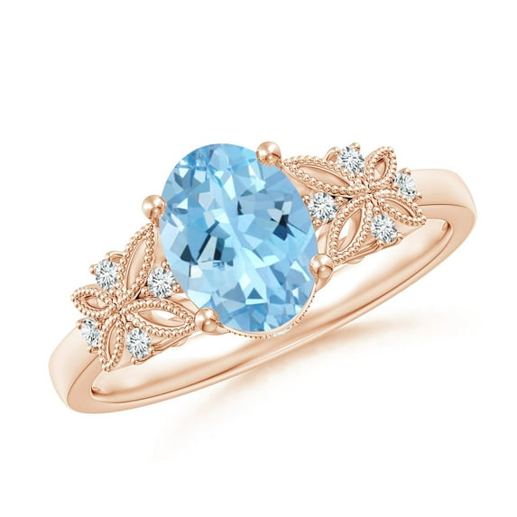 Angara Natural 1 Ct. Aquamarine with Diamond Vintage Inspired Ring in 14K Rose Gold for Women (Ring Size: 5)