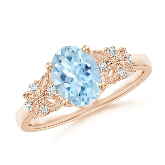 ANGARA Natural Vintage Style Oval 1 ct Aquamarine Ring with Diamonds in 14K Rose Gold for Women (Size-8x6mm) | March Birthstone, Anniversary, Jewelry Gift for Women | Natural Aquamarine Ring