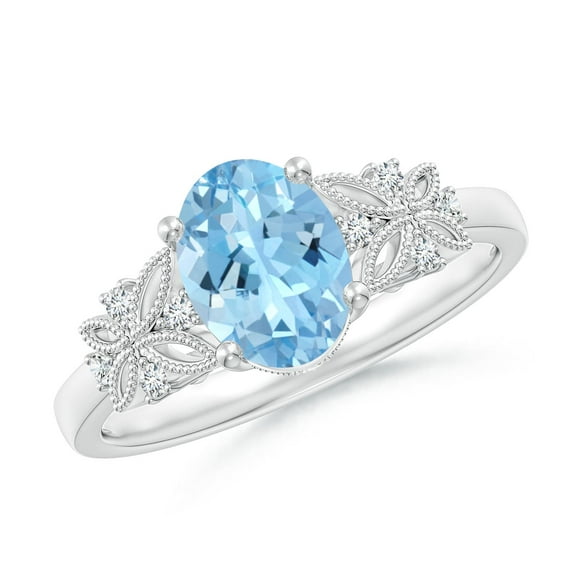ANGARA Natural Vintage Style Oval 1 ct Aquamarine Ring with Diamonds in 14K White Gold for Women (Size-8x6mm) | March Birthstone, Anniversary, Jewelry Gift for Women | Natural Aquamarine Ring