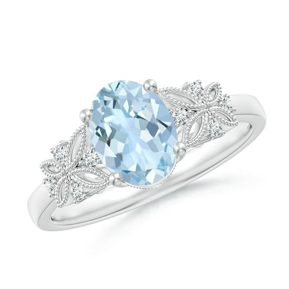 ANGARA Natural Vintage Style Oval 1 ct Aquamarine Ring with Diamonds in 14K White Gold for Women (Size-8x6mm) | March Birthstone, Anniversary, Jewelry Gift for Women | Natural Aquamarine Ring